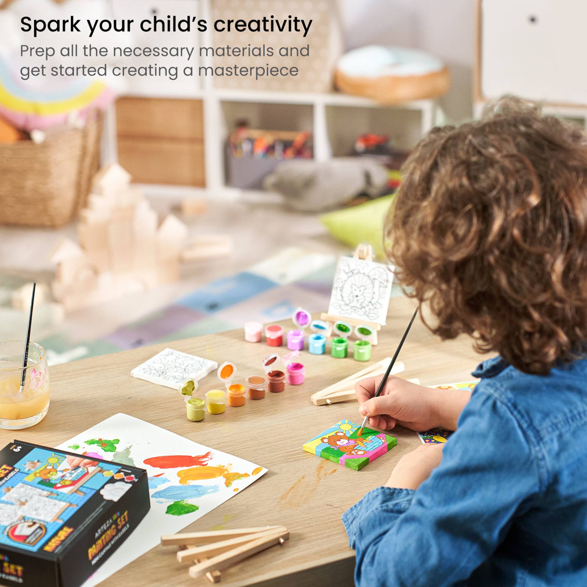 Arteza® Kids Canvas Paint Kit, 4 Mini Canvas- 3 x 3 with Easel